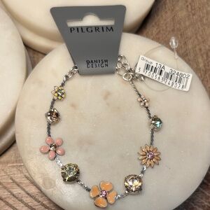 (#42) Pilgrim Floral Charm Bracelet - Silver and Peach